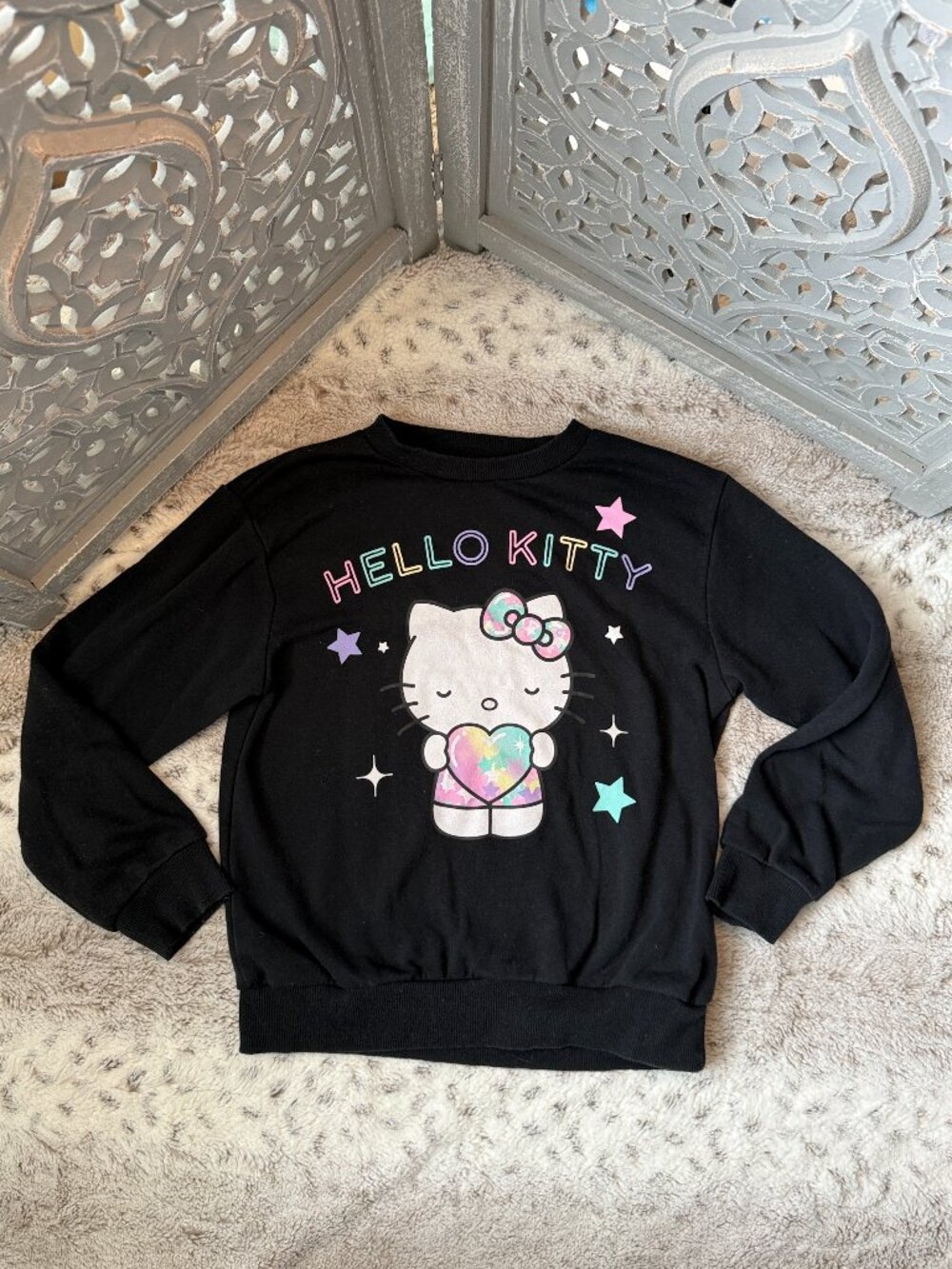 Hello Kitty black sweatshirt girls medium rainbow lovecore twee winter school
